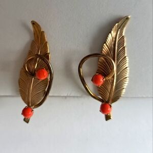 Vintage Brushed Gold And Orange BEead  Screw Back Earrings
